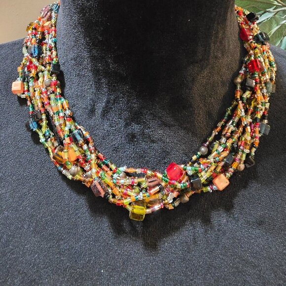 Women\'s Glass Seed Bead Multi Twelve Strand Braided Necklace with Lobster Clasp main image 4